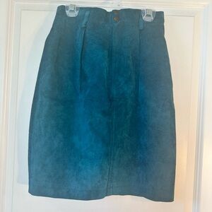 Vintage 90’s West Bay Leather Suede Teal Pleated Skirt, Size XS/S